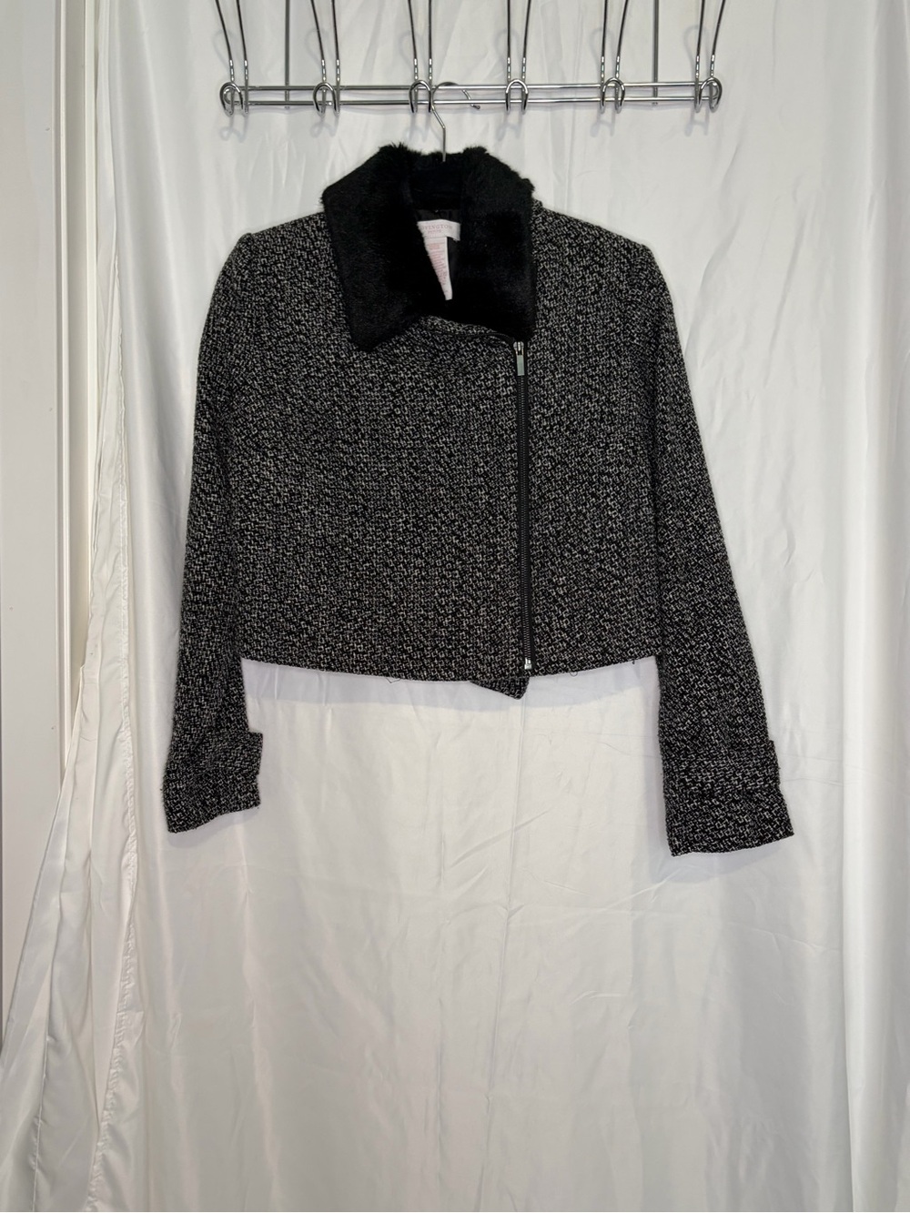 Covington Black & Gray Tweed Cropped Jacket with Faux Fur Collar